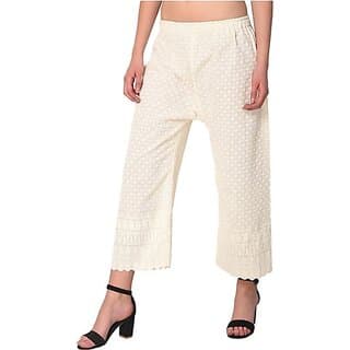Women Relaxed Cream Cotton Blend Trousers - Uncategorized | Buy online on ZillyBuy