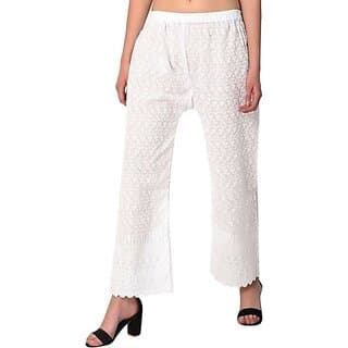 Women Relaxed White Cotton Blend Trousers - Uncategorized | Buy online on ZillyBuy
