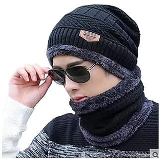 Winter Woolen Cap Hat Neck Scarf Warm Knitted Fur Inside for Men and Women (Multi Color) - Uncategorized | Buy online on ZillyBuy