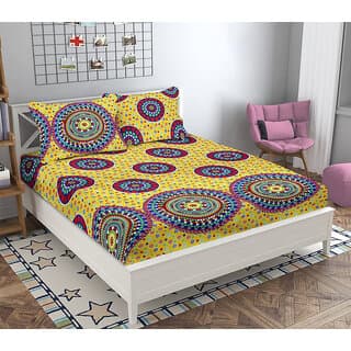 Black Bee  Jaipuri Mandala Print On Yellow Base 3DDouble Bedsheet With 2 Pillow Covers (208 X 213 Cm)(Bs17-02) - Home Furnishing - Bedding and Linen | Buy online on ZillyBuy