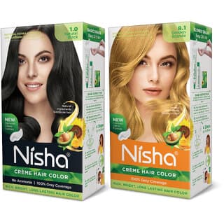 Nisha Superior Quality with Rich, Bright, Long Lasting Shine Hair Color NO AMMONIA Cream FORMULA NATURAL Black and Golden Blonde , Golden Blonde, Black - Hair Oils, Care, and Styling | Buy online on ZillyBuy