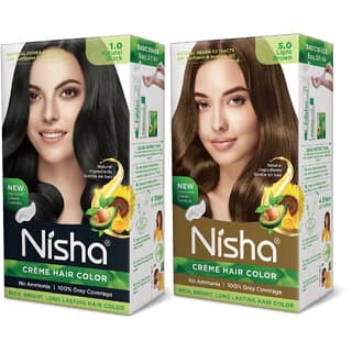 Nisha Creme Hair Color (60gm + 60ml + 18ml Conditioner for Each) Combo Pack Of Natural black & Light Brown , Light Brown 5.0 - Hair Oils, Care, and Styling | Buy online on ZillyBuy