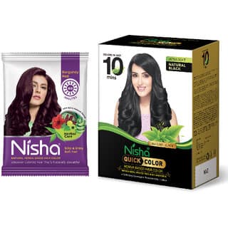 Nisha Quick Color Henna Based Hair 60gm Natural Black with Burgundy Henna Based Hair Color silky & Shiny Soft hair 15g Each Pack of 10 (210 g) - Hair Oils, Care, and Styling | Buy online on ZillyBuy