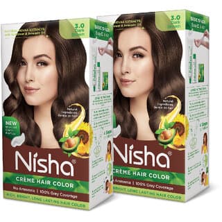 Nisha Creme Hair Color Combo Set Natural Black And 3.0 Dark Brown (60gm + 60ml + 18ml Conditioner) , 3.0 Dark Brown - Hair Oils, Care, and Styling | Buy online on ZillyBuy