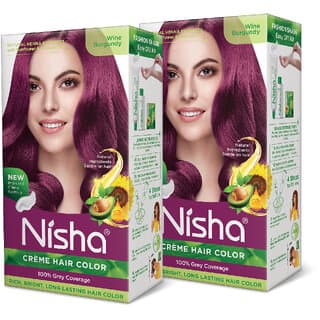 Nisha Cream Hair Color Rich Bright Long Lasting Hair Colouring For Ultra Soft Deep Shine 100% Grey Coverage Wine Burgundy (Pack of 2) , Wine Burgundy - Hair Oils, Care, and Styling | Buy online on ZillyBuy