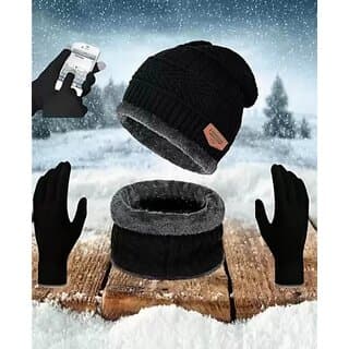 Fashlook Unisex Woolen Winter Beanie Cap with Scarf and Gloves (Black) - Uncategorized | Buy online on ZillyBuy