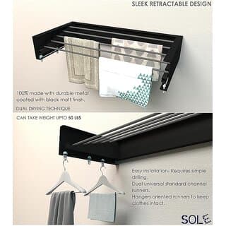 Sole Module Premium Heavy Duty Steel Wall Mounted Foldable Cloth Drying Rack  12 Linear Feet  6 Hooks  Black-28 inch - Closet/Laundry/Shoe Organization | Buy online on ZillyBuy