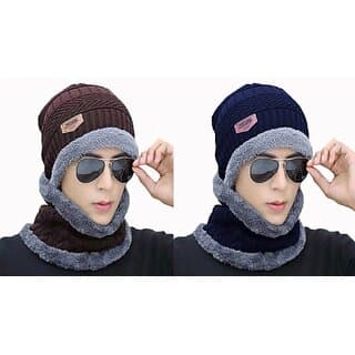 Fashlook Woolen Brown, Dark Blue Casual Winter Cap (Pack of 2) - Uncategorized | Buy online on ZillyBuy