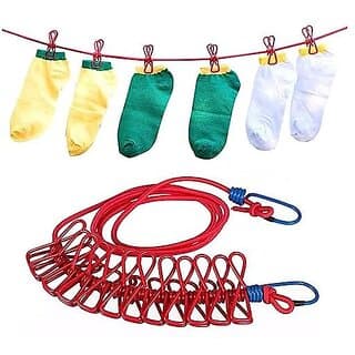 Multi Functional Portable Drying Rope with 12 Clips and 2 Hooks Travel Clothesline Rope Clothes Hanging Hook Outdoor Indoor Wind-Proof Clothesline (Multicolour) - Closet/Laundry/Shoe Organization | Buy online on ZillyBuy