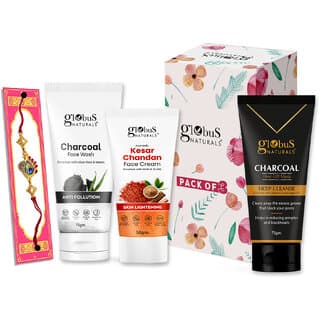 Globus Naturals Rakhi Special Combo- Charcoal Face wash 75gm, Charcoal Peel off Mask 75gm, Kesar Chandan Face Cream 50gm Set of 3 - Skin Care - Face Cleansers | Buy online on ZillyBuy