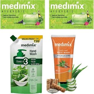 Medimix Combo  2 Natural Glycerine Soaps + Hand Wash (Neem, Tulsi  Aloe Vera, 675ml) + Anti-Tan Face Wash (1 - Bath Soaps and Gels | Buy online on ZillyBuy