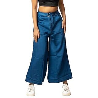 MULTIWA Women Soft Denim Flared Belt Pant (L, Dark Blue) - Uncategorized | Buy online on ZillyBuy