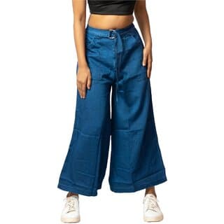 MULTIWA Women Soft Denim Flared Belt Pant (M, Dark Blue) - Uncategorized | Buy online on ZillyBuy
