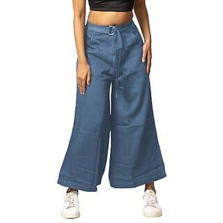 MULTIWA Women Soft Denim Flared Belt Pant (L, Light Blue) - Uncategorized | Buy online on ZillyBuy