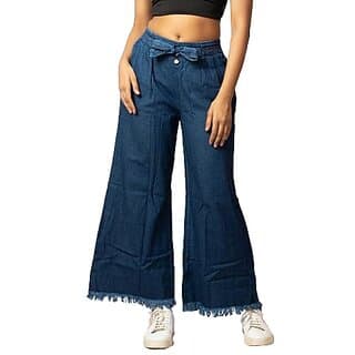 MULTIWA Women Denim Flared Frill Belt Pant (L, Dark Blue) - Uncategorized | Buy online on ZillyBuy