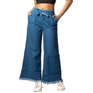 MULTIWA Women Denim Flared Frill Belt Pant (L, Light Blue) - Uncategorized | Buy online on ZillyBuy