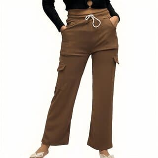 MULTIWA Ribbed Cargo Ankle Pant Regular Fit Trouser Pants | Solid High Waist with Pockets Cargo Pants | Ribbed Drawstring Cargo Pants Brown - Uncategorized | Buy online on ZillyBuy