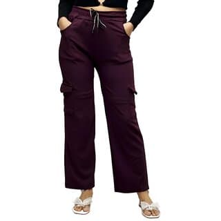 MULTIWA Ribbed Cargo Ankle Pant Regular Fit Trouser Pants | Solid High Waist with Pockets Cargo Pants | Ribbed Drawstring Cargo Pants Maroon - Uncategorized | Buy online on ZillyBuy