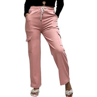 MULTIWA Ribbed Cargo Ankle Pant Regular Fit Trouser Pants | Solid High Waist with Pockets Cargo Pants | Ribbed Drawstring Cargo Pants Pink - Uncategorized | Buy online on ZillyBuy