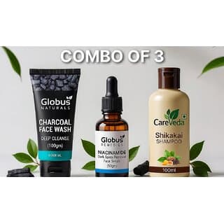 (Combo of 3) CareVeda Ayurvedic Shikakai Shampoo 100ml & Globus Charcoal Face Wash 100g & Globus Niacinamide Face Serum 50ml - Shampoos and Conditioners | Buy online on ZillyBuy