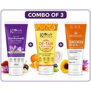 (Combo of 3) Morfair SPF 50 Sunscreen 50g & Globus De-Tan Face Scrub 50g & Globus Kumkumadi Face Cream 100g for All Skin Types - Skin Care - Face Cleansers | Buy online on ZillyBuy