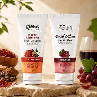 (Set of 2) Globus Naturals Skin Glow  Anti-Ageing Peel Off Mask Duo  Kesar Chandan Coffee  Green Tea Mask + Red Wine Mask  Face Care Combo  75gm Each - Skin Care - Face Cleansers | Buy online on ZillyBuy