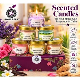 (Set of 6) Home Berry Luxury Scented Candles Rose, Vanilla, Lavender, Jasmine, Sandalwood, Lemongrass for Home Decor and Gifting