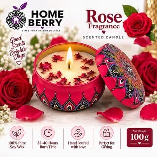 Home Berry Rose Fragrance Scented Candle | 100g Pure Soy Wax Candle | Hand-Poured Decorative Tin Jar Candle | Long Burning 35-40 Hours | Premium Home Decor & Gifting Candle