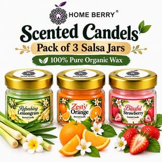 (Pack of 3) Home Berry Aromatherapy Scented Candles Combo | Refreshing Lemongrass, Zesty Orange & Blissful Strawberry | Organic Wax Jar Candles