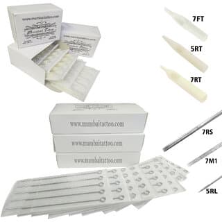 MUMBAI TATTOO WHITE NEEDLES 5RL,7RS,7M1 ROUND MAGNUM LINER, SHADER WITH TIPS 5RT,7RT,7MFT (PACK OF 3 NEEDLES BOX 3 TIPS) - Makeup - Body | Buy online on ZillyBuy