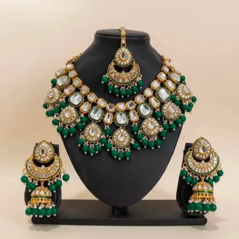 Premium Kundan Choker Necklace Set with Maang Tikka and Jhumka Earrings Green Gold Festive - Fragrance | Buy online on ZillyBuy