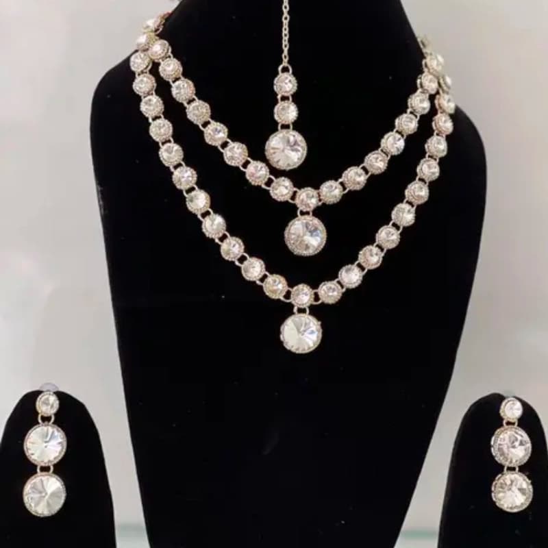 Elegant Dual Layer American Diamond Necklace Set with Silver Maang Tikka - Fragrance | Buy online on ZillyBuy