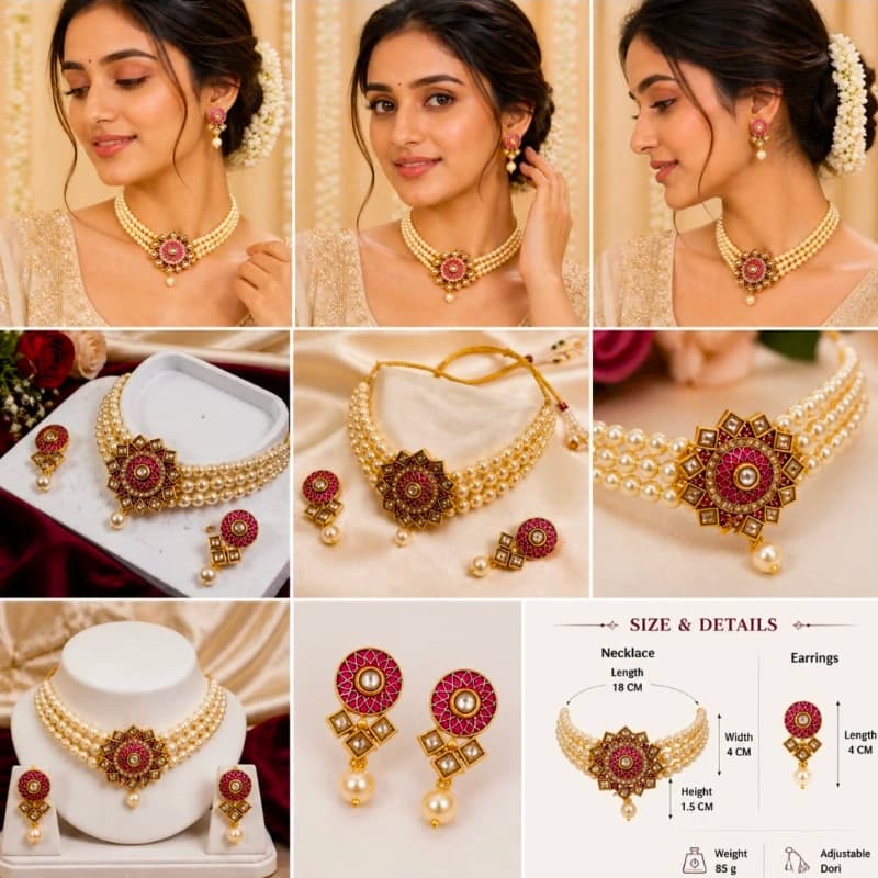 Premium 3Layer Pearl Floral Choker Set Pink Gold - Fragrance | Buy online on ZillyBuy
