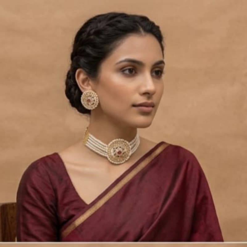 Vintage MultiLayer Seed Pearl Choker Set with Gold Jadau Pendant - Fragrance | Buy online on ZillyBuy
