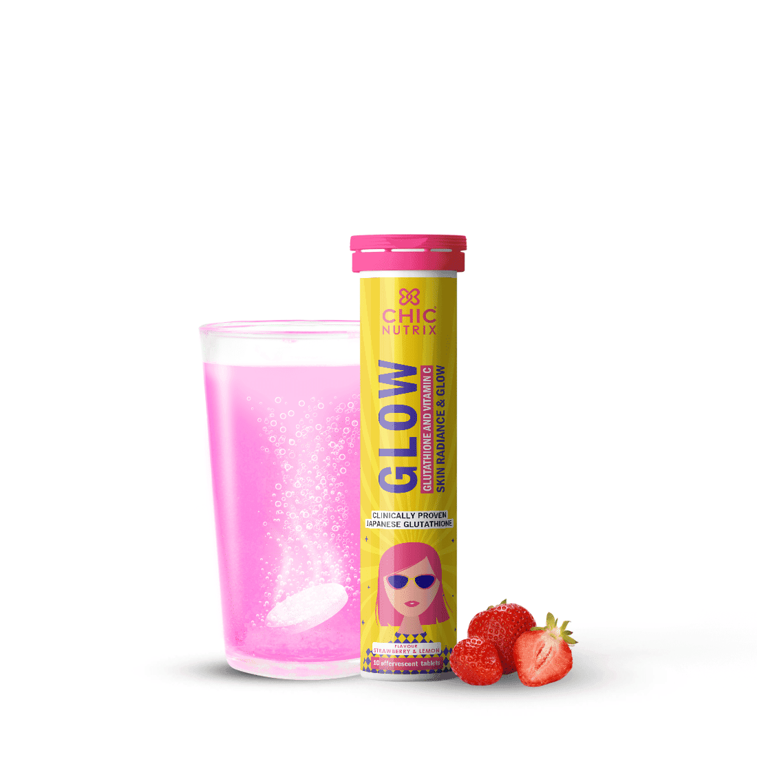 Chicnutrix Glow- 10 Effervescent Tablets| 500mg Japanese Glutathione & Vit. C| Antioxidants for clear, glowing skin| Sugar-free, Strawberry-lemon flavour - Nutrition and Fitness Supplements | Buy online on ZillyBuy