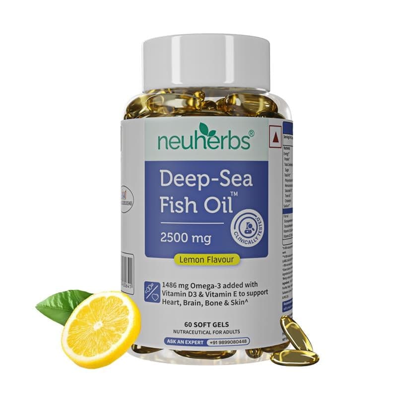 Neuherbs Deep Sea Omega 3 Fish Oil - Omega 3 Supplement Triple Strength 2500 Mg, Fish Oil softgel With No Fishy Burps Lemon Flavour- 60 Softgel for Men & Women - Nutrition and Fitness Supplements | Buy online on ZillyBuy