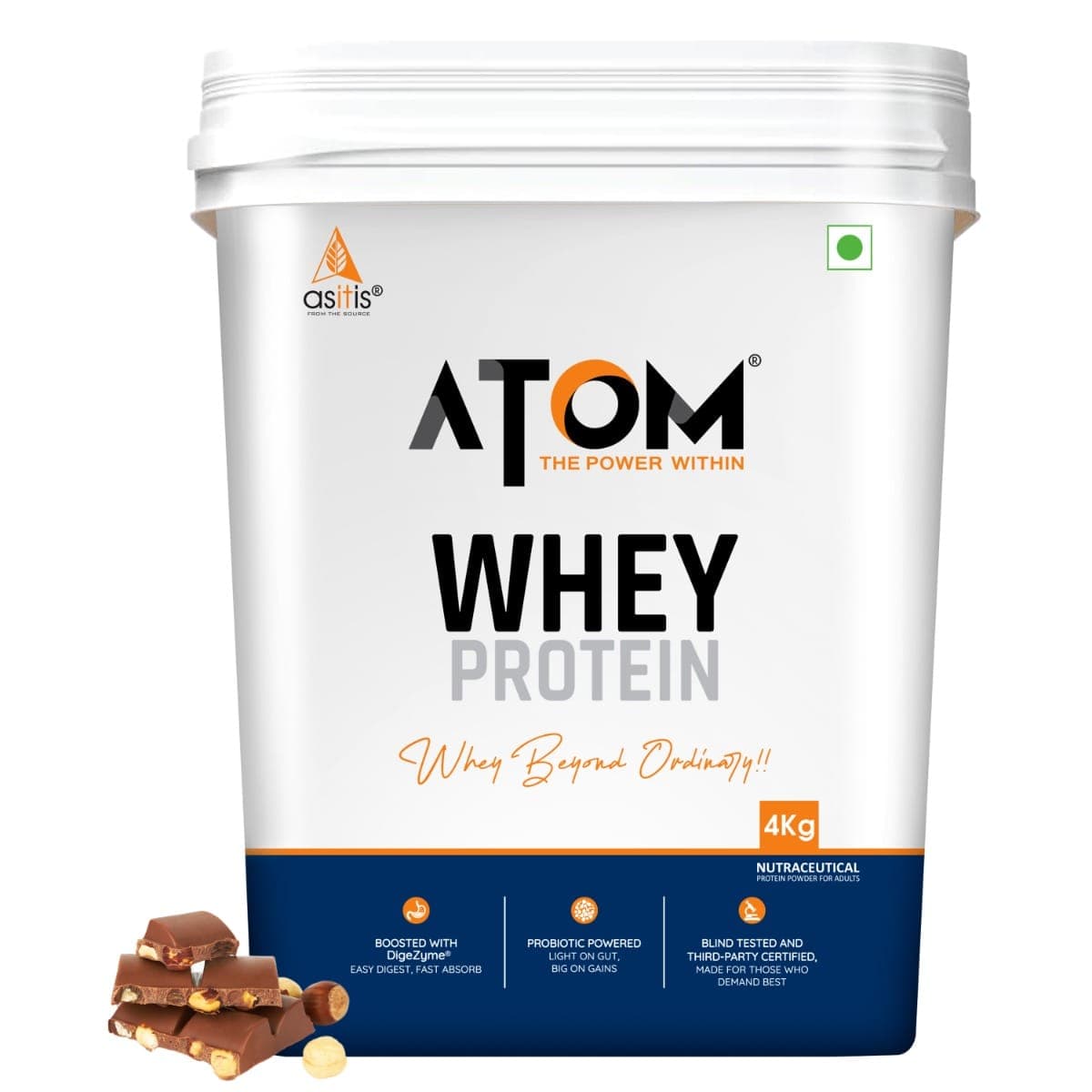 AS-IT-IS ATOM Whey Protein 4 kg | Choco Hazel Fusion | 111 Servings | 27g protein | 5.7g BCAA | Digestive Enzymes - Nutrition and Fitness Supplements | Buy online on ZillyBuy