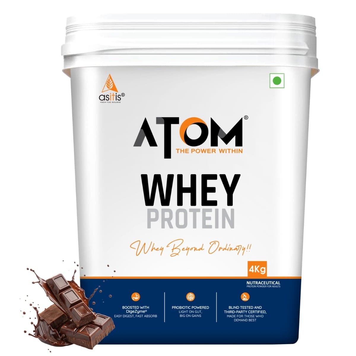 AS-IT-IS ATOM Whey Protein 4kg | Double Rich Chocolate | 111 Servings | 27g protein | 5.7g BCAA | Digestive Enzymes - Nutrition and Fitness Supplements | Buy online on ZillyBuy