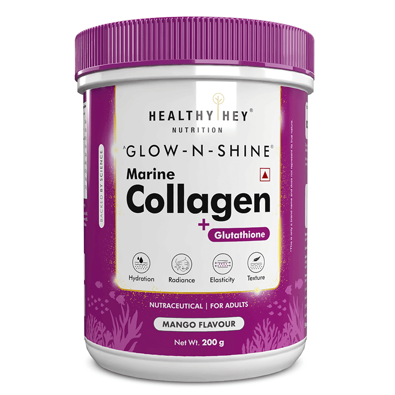HealthyHey Nutrition Glow-n-Shine Marine Collagen + Glutathione - Mango Flavour - 200g - Nutrition and Fitness Supplements | Buy online on ZillyBuy