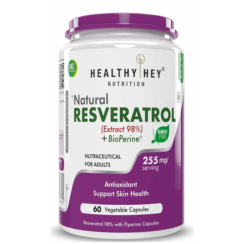 HealthyHey Nutrition Resveratrol Extract 98% Plus BioPerine for Absorption - 255mg - 60 Vegetable Capsules (Pack of 1) - Nutrition and Fitness Supplements | Buy online on ZillyBuy