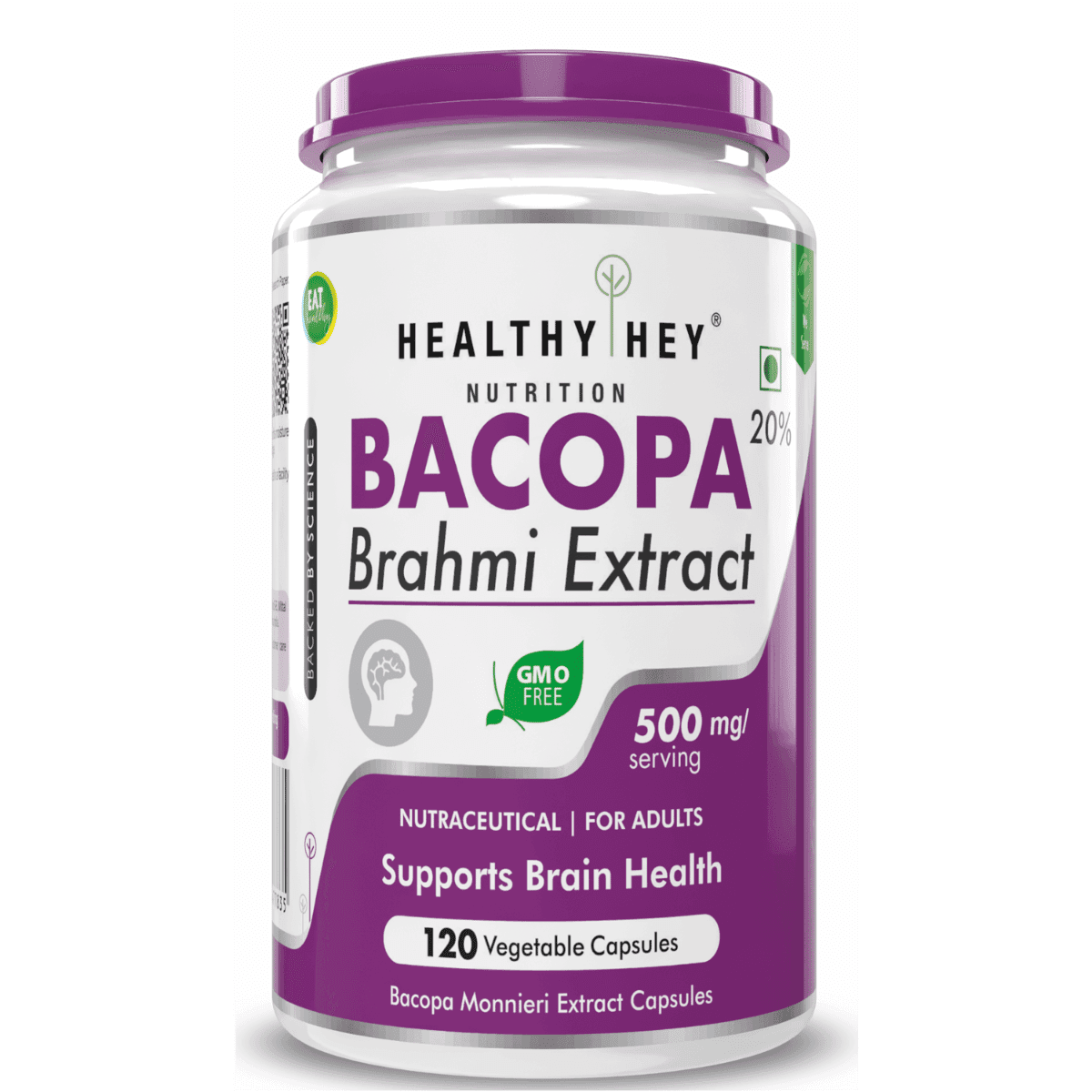 HealthyHey Nutrition Brahmi - Bacopa Monnieri- 500 mg - Support Memory and Brain Health - 120 Veg Capsules - Nutrition and Fitness Supplements | Buy online on ZillyBuy
