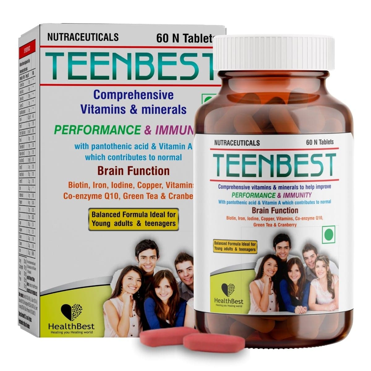 HealthBest Teenbest Multivitamin & Minerals Supplement for Teenagers Healthy Growth Immunity Iron, Biotin, Iodine, Copper, Co-enzyme Q10 60 Tablets