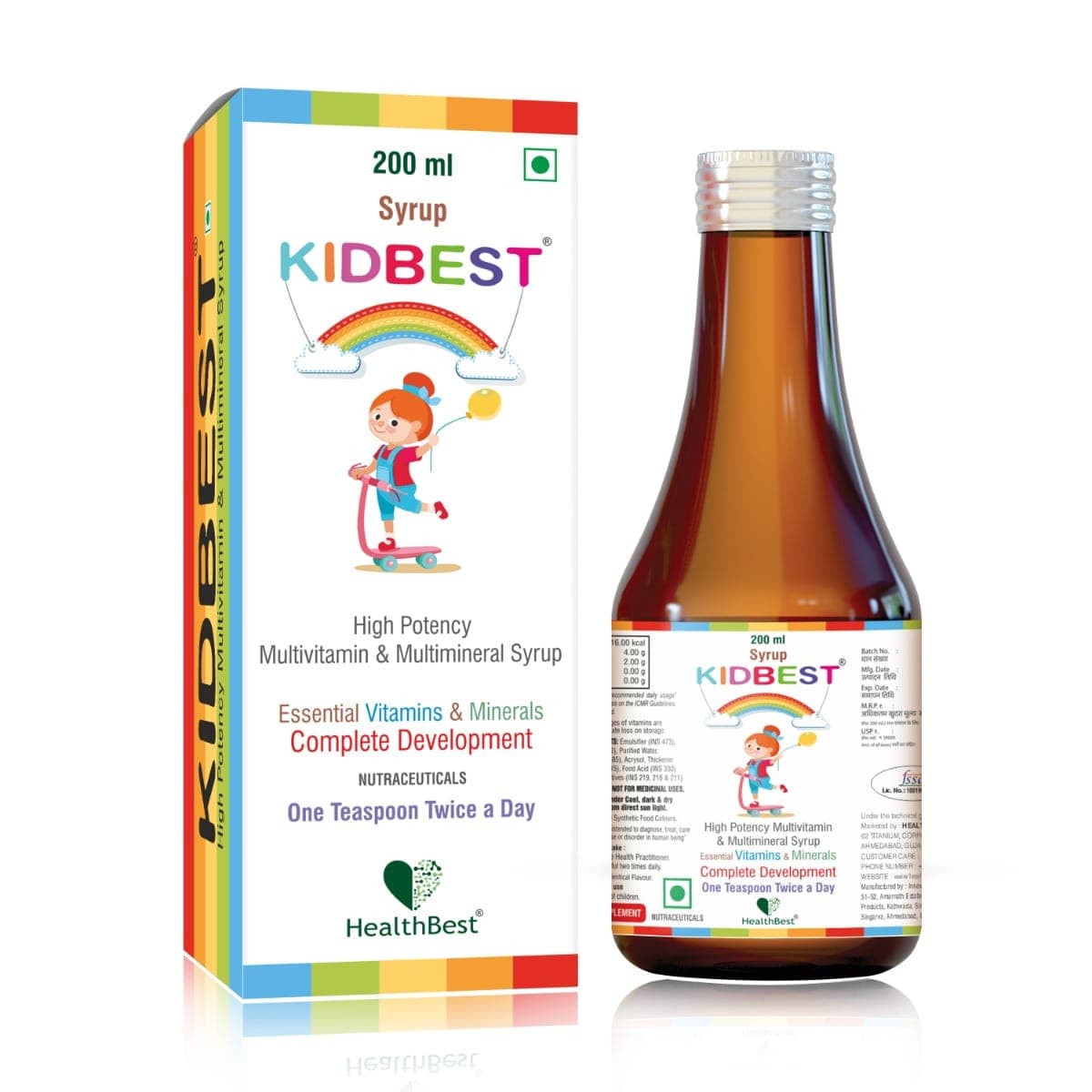 HealthBest Kidbest Multivitamin & Multimineral Syrup for Kids with Pencils Zinc Iodine Vitamin A, C & E 200 ML With a Box of Eco Friendly Pencils