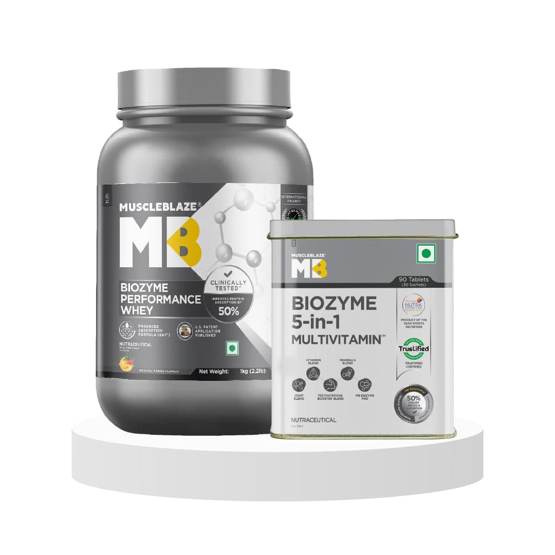MuscleBlaze Biozyme Performance Whey Protein,Mango,1 kg & MuscleBlaze Biozyme Daily Multivitamin at Best Price in India, 90 Tabs - Nutrition and Fitness Supplements | Buy online on ZillyBuy