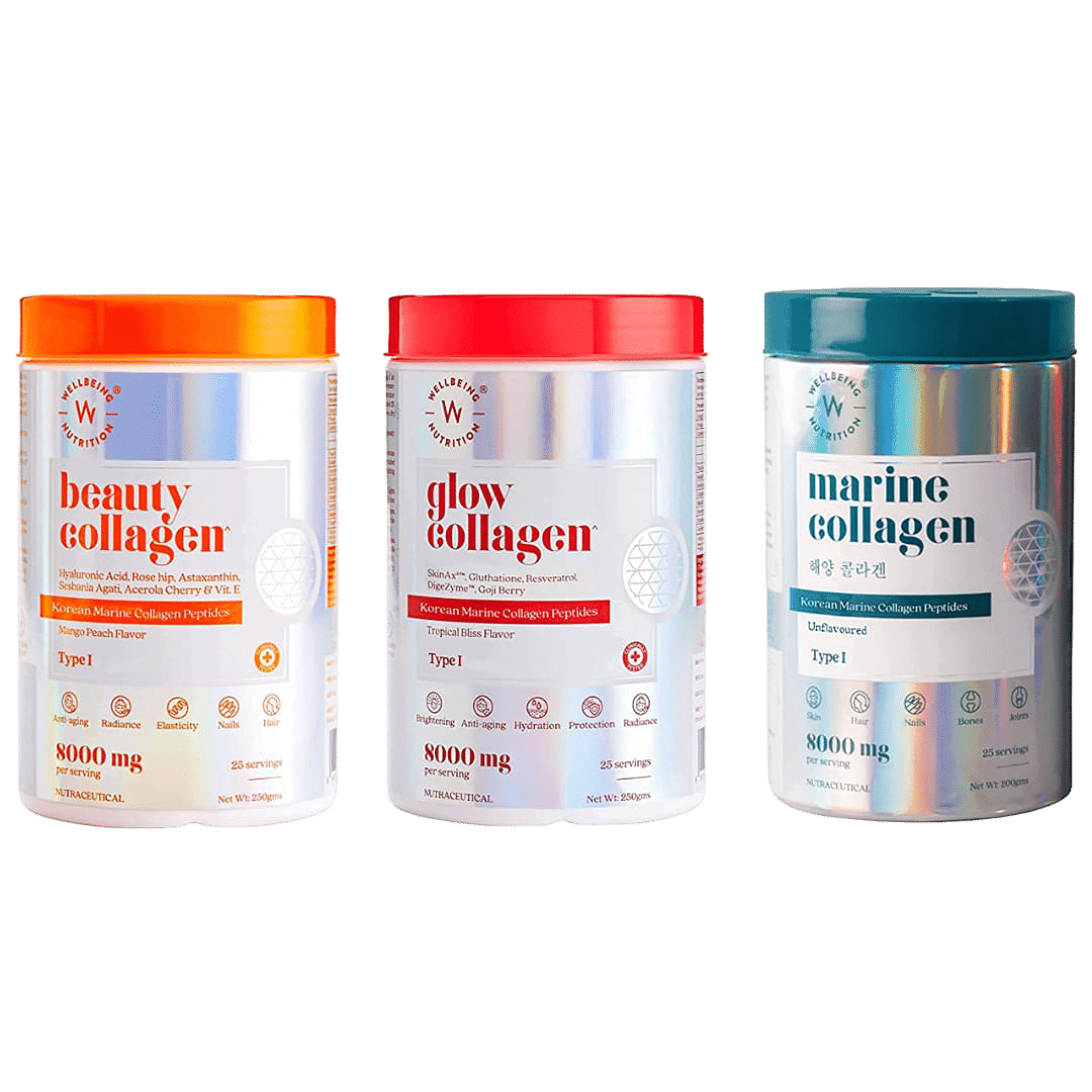 Wellbeing Nutrition Complete Beauty and Wellness Kit | Pure Marine Collagen Powders with added SkinAx, Biotin, Glutathione, Hyaluronic Acid for Renewed Skin, Hair, Nails, Bone & Joint (700gms) - Nutrition and Fitness Supplements | Buy online on ZillyBuy