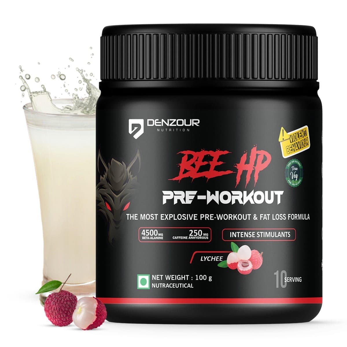 Denzour Nutrition BEE-HP Pre-Workout with 750mg Creatine Monohydrate & 4500mg Beta-Alanine, Intense Energy with Fat Loss Formula, 100g - Lychee