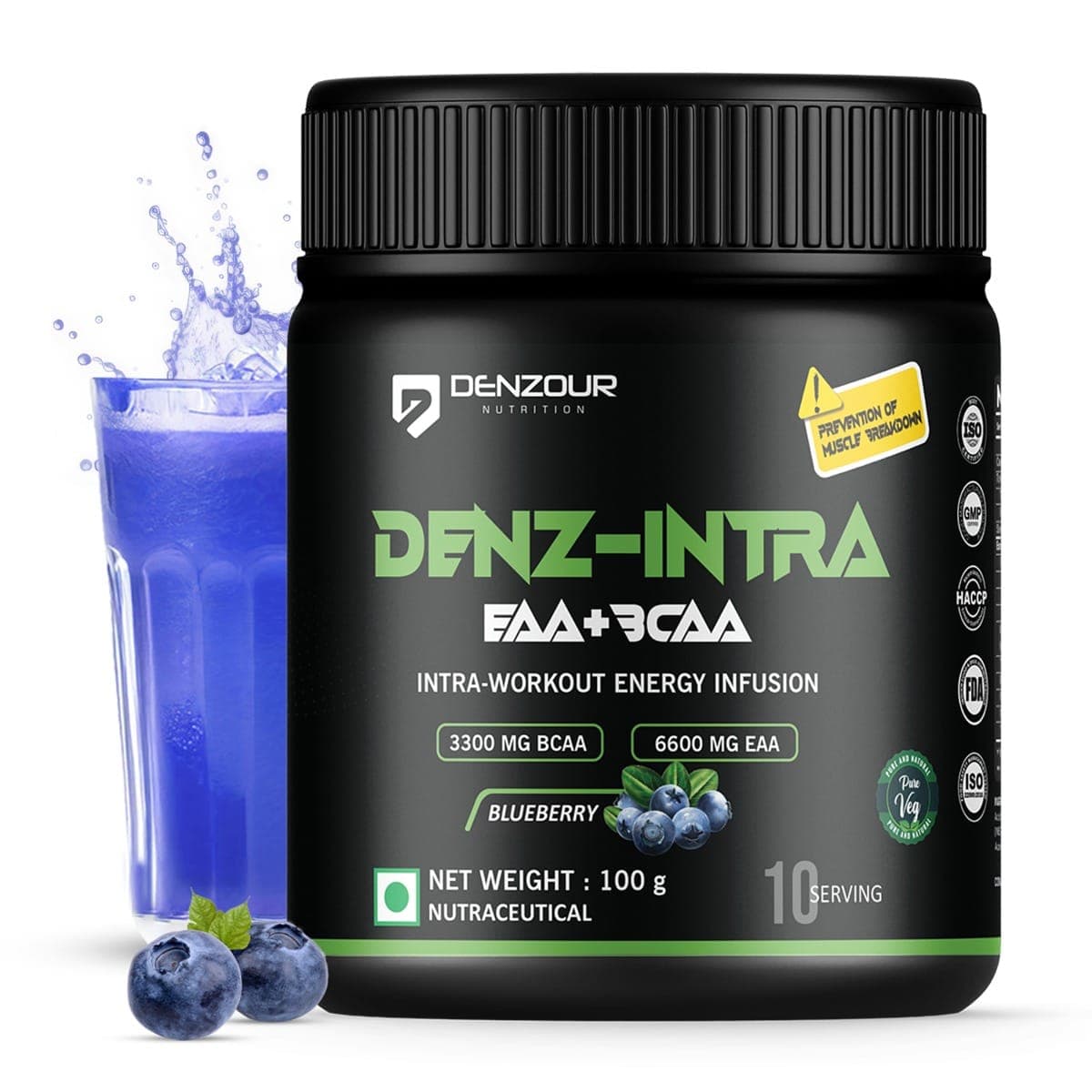 DENZOUR NUTRITION Denz - Intra Workout Powder, Most Explosive Muscle Pump, Energy Infusion Formula with 3300mg BCAA, 6600mg EAA for Men and Women - Blueberry, 100g (10 Servings)
