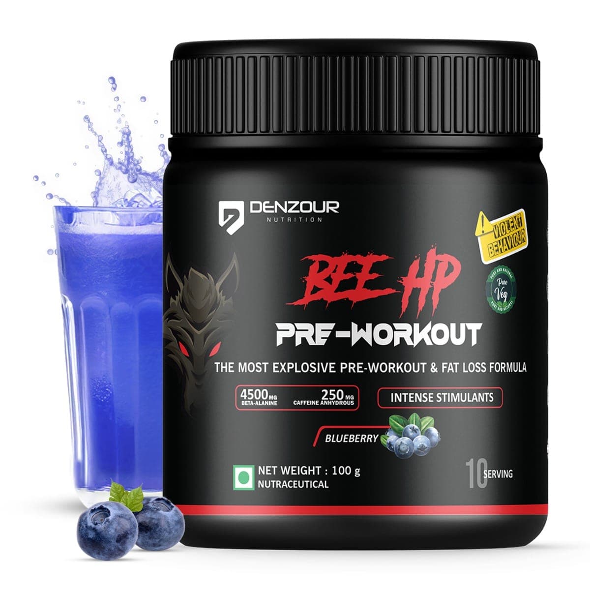Denzour Nutrition BEE-HP Pre-Workout with 750mg Creatine Monohydrate & 4500mg Beta-Alanine, Intense Energy with Fat Loss Formula, 100g - Blueberry