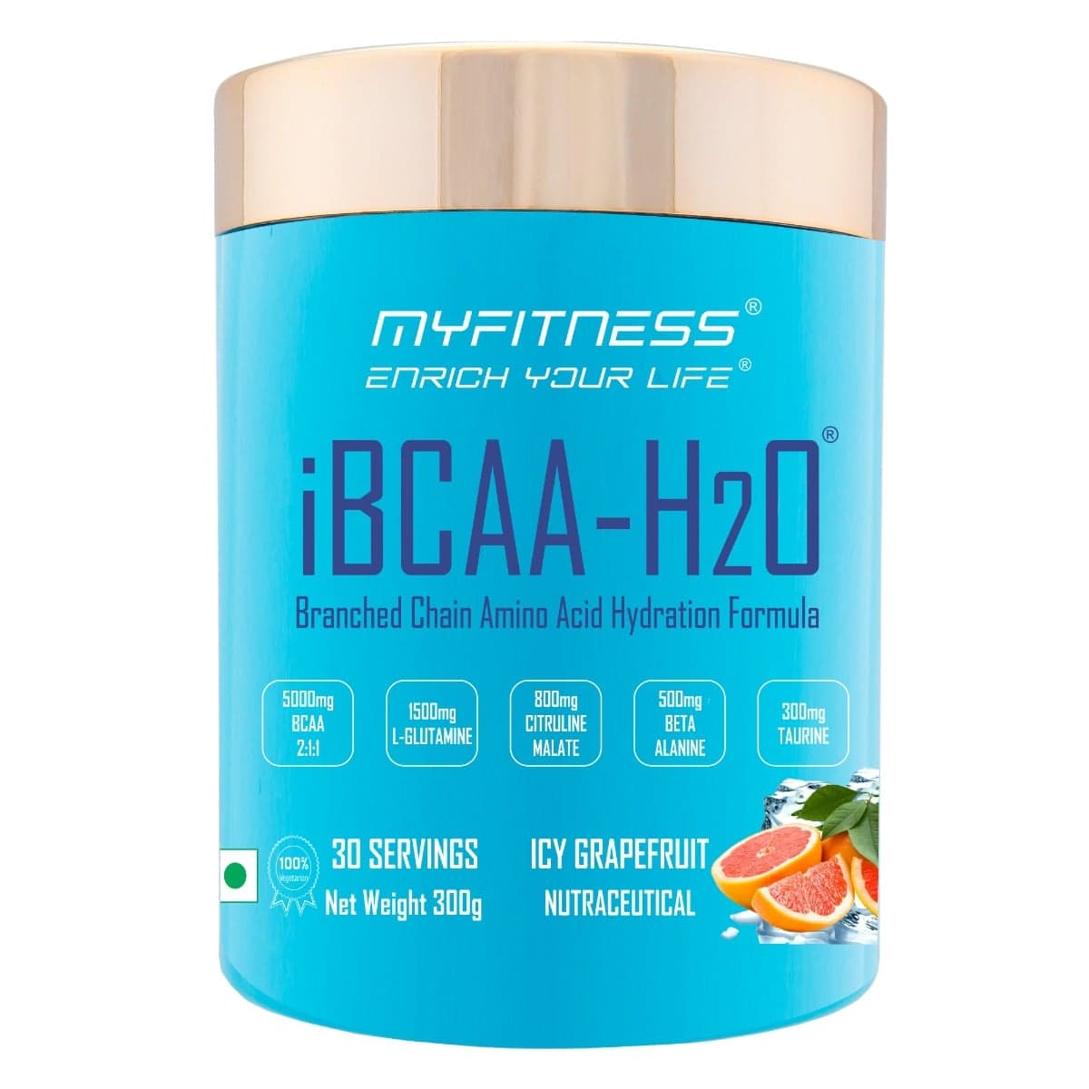 MYFITNESS ® iBCAA-H2O BCAA 30 Servings|5000mg BCAA 2:1:1| 1500mg L-Glutamine|800mg Citruline Malate| 500mg Beta Alanine|300mg Taurine| 850mg Electrolyte Blend | Icy Grapefruit| 300gms - Nutrition and Fitness Supplements | Buy online on ZillyBuy
