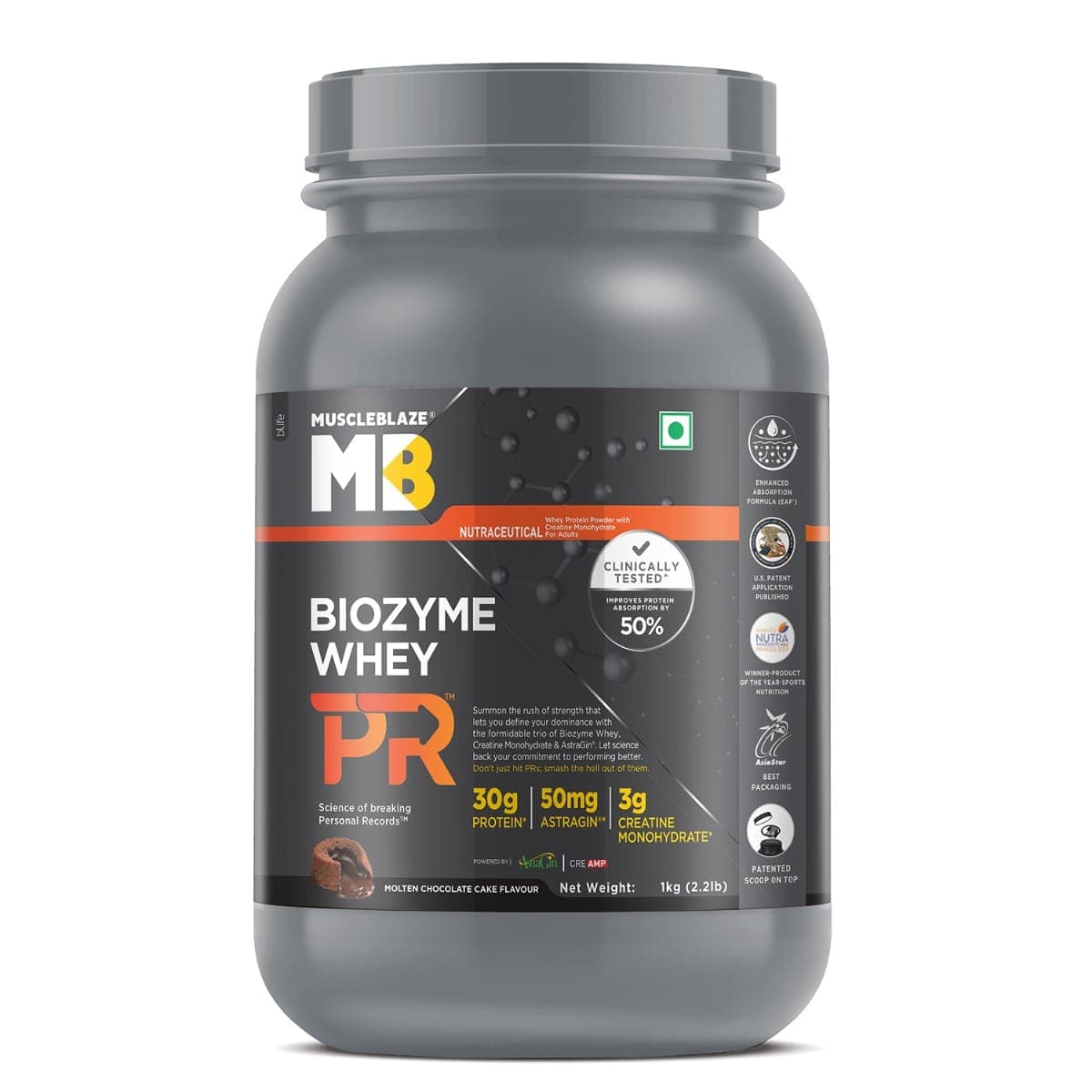 MuscleBlaze Biozyme Whey Protein PR with 30g Protein, 3g Creatine Monohydrate & 50mg AstraGin® (Molten Chocolate Cake, 1kg / 2.2lbs) | Trustified Gold Certified MuscleBlaze Biozyme Whey Protein PR with 30g Protein, 3g Creatine Monohydrate &am - Nutrition and Fitness Supplements | Buy online on ZillyBuy